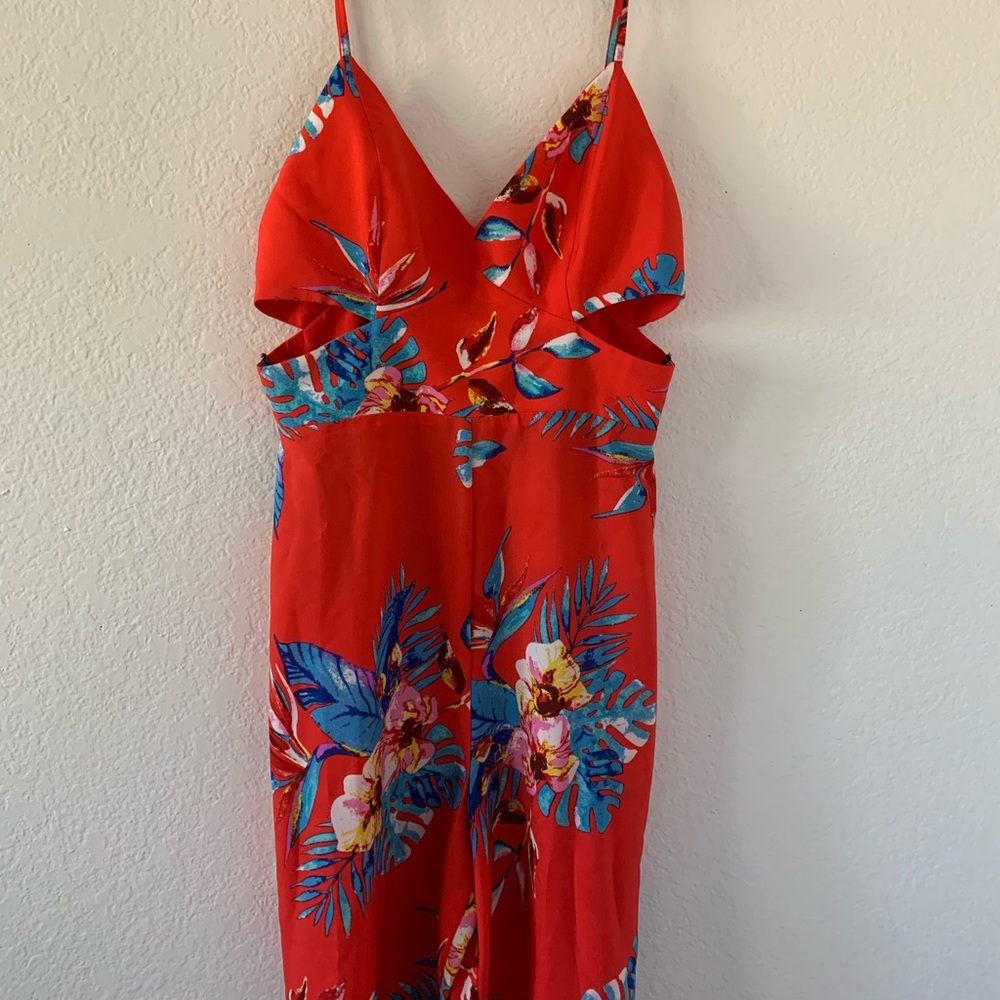 Red floral pant suit